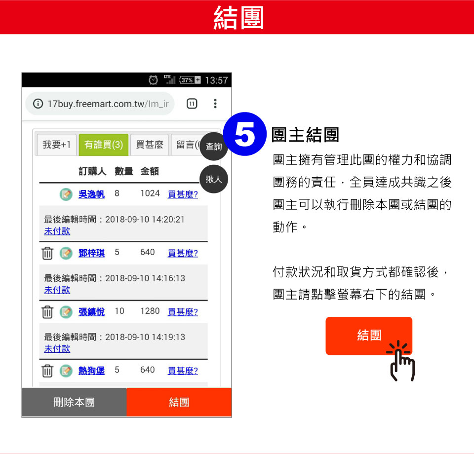 步驟五‧團主進行結團，結團後各員皆無法再修改自己的訂單