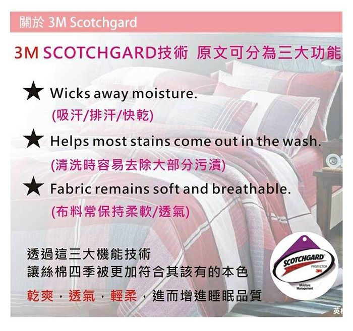 3M Scotchgard技術，透過三大機能技術，讓絲棉四季被更加符合其該有的本色，乾爽，透氣，輕柔