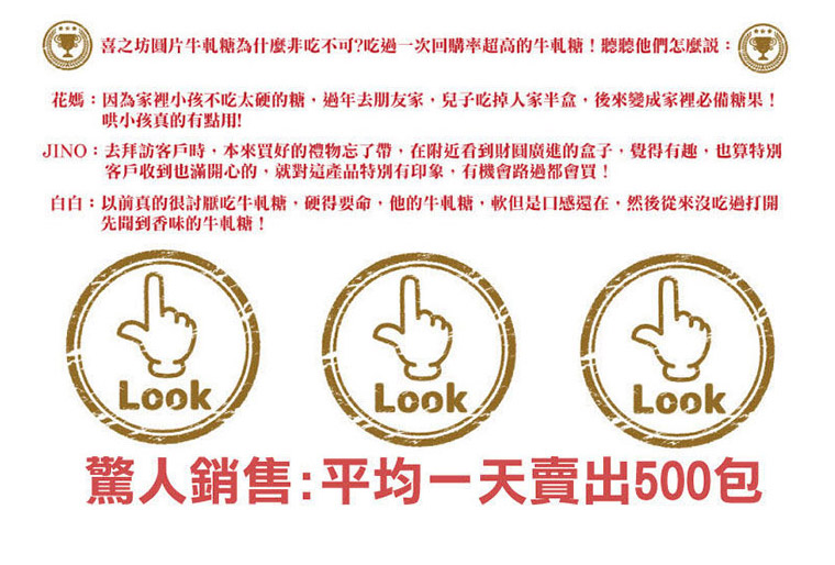 喜之坊圓片牛軋糖,驚人銷售,平均一天賣出500包