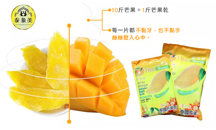 10公斤芒果僅可製成1公斤泰象美芒果乾,10倍濃郁的果香