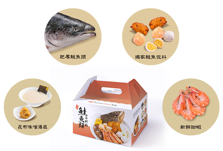 肥厚鮭魚頭/獨家鮭魚佐料/昆布味噌湯底/新鮮甜蝦