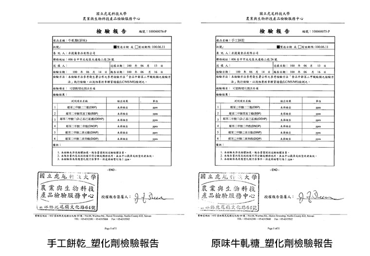 手工餅乾和原味牛軋糖檢驗報告