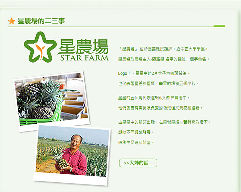 「星農場」 位於嘉義縣民雄鄉，近中正大學學區，星農場取農場主人-陳憲星 名字的最後一個字命名。Logo上，星星中的2片葉子意味著希望，也代表著星爸與星媽，辛苦的培養五個小孩。