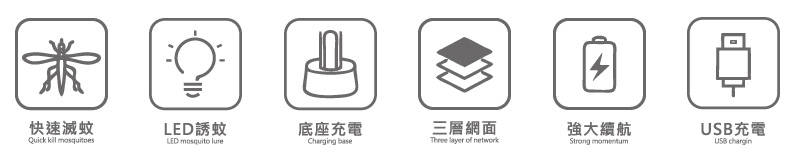 6功能：快速滅蚊、LED誘蚊、底座充電、三層網面、強大續航、USB充電