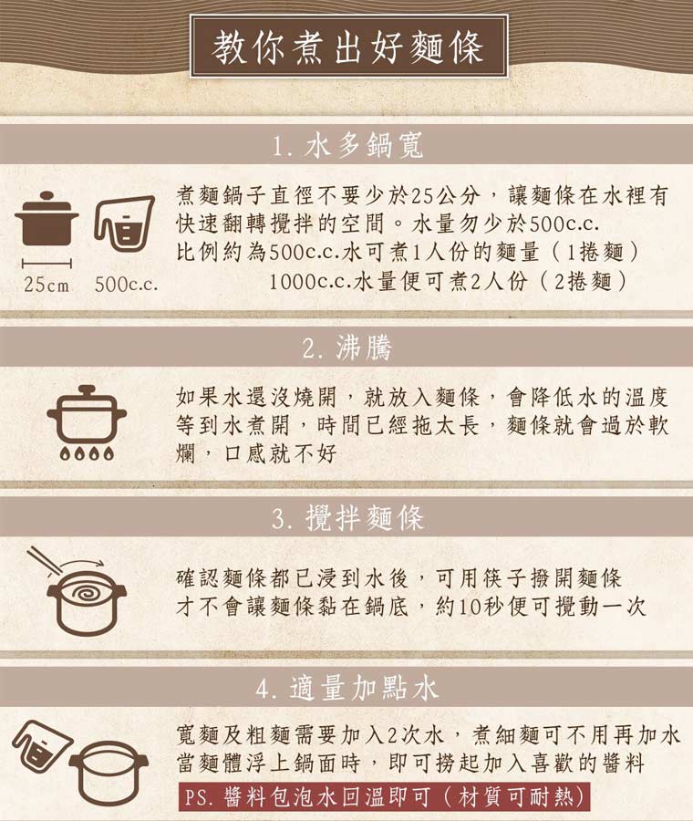 教你煮出好麵條:1水多鍋寬-2沸騰-3攪拌麵條-4適量加點水-ps.醬料包泡水回溫即可(材質可耐熱)
