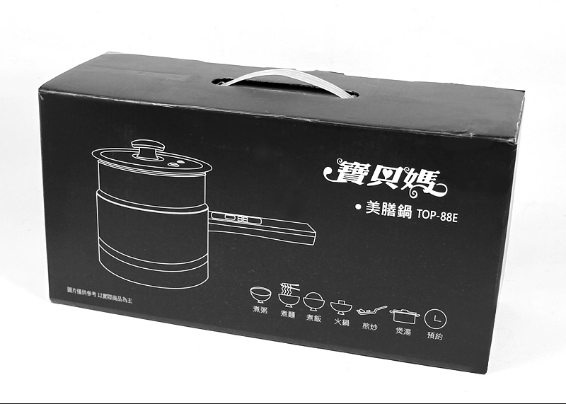 寶貝媽美膳鍋_產品包裝_產品展示_實品拍攝_開箱_小資租屋族必備開伙小家電、收納方便使用便利。取代家中多種廚具 你想要的料理都能滿足。煮粥、煮麵、煮飯、煲湯、火鍋、煎炒、烹調方式都可以。單柄快煮鍋，泡麵鍋。