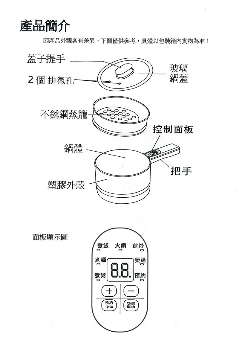 寶貝媽美膳鍋_產品簡介_蓋子提手，玻璃鍋蓋，2個排氣孔，不鏽鋼蒸籠，鍋體，塑膠外殼，控制面板，把手，面板顯示圖_寶貝媽微電腦萬用陶瓷鍋_小資租屋族必備開伙小家電、收納方便使用便利。單柄快煮鍋，泡麵鍋。