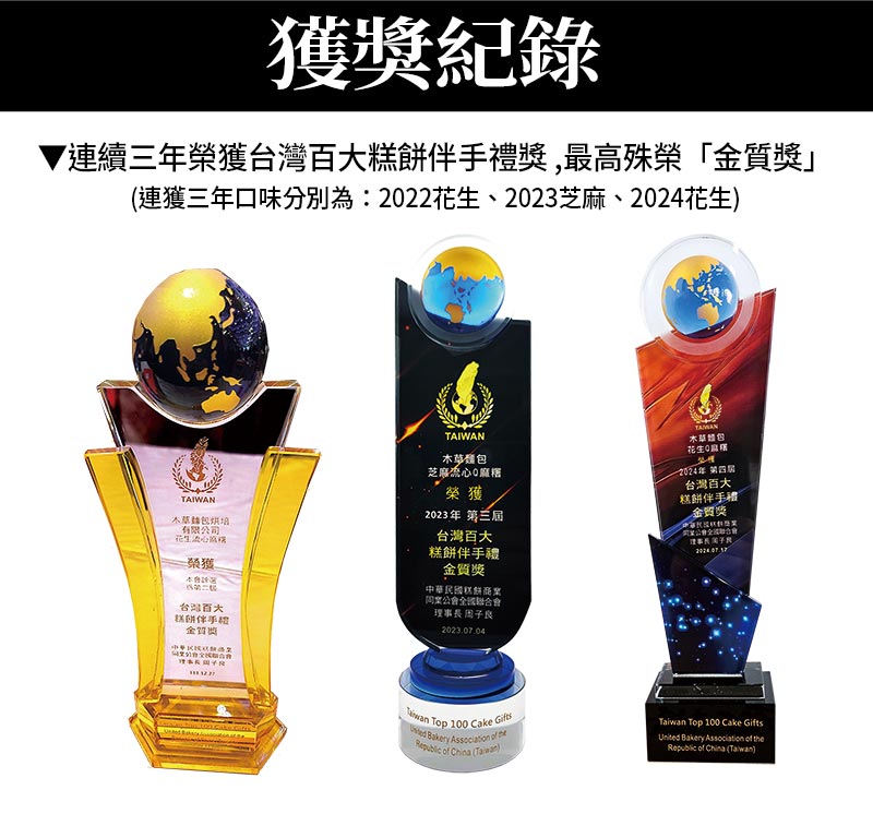 獲獎紀錄_連續三年榮獲台灣百大糕餅伴手禮獎_最高殊榮金質獎(連獲三年口味分別為:2022花生、2023芝麻、2024花生)