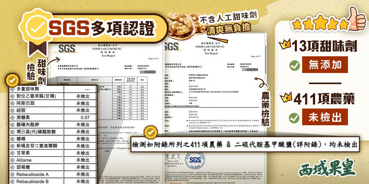 SGS多項檢驗，無添加違法甜味劑& 411項農藥”未驗出”